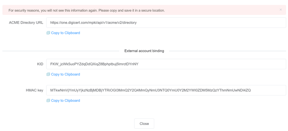 ACME New External Account Binding Details
